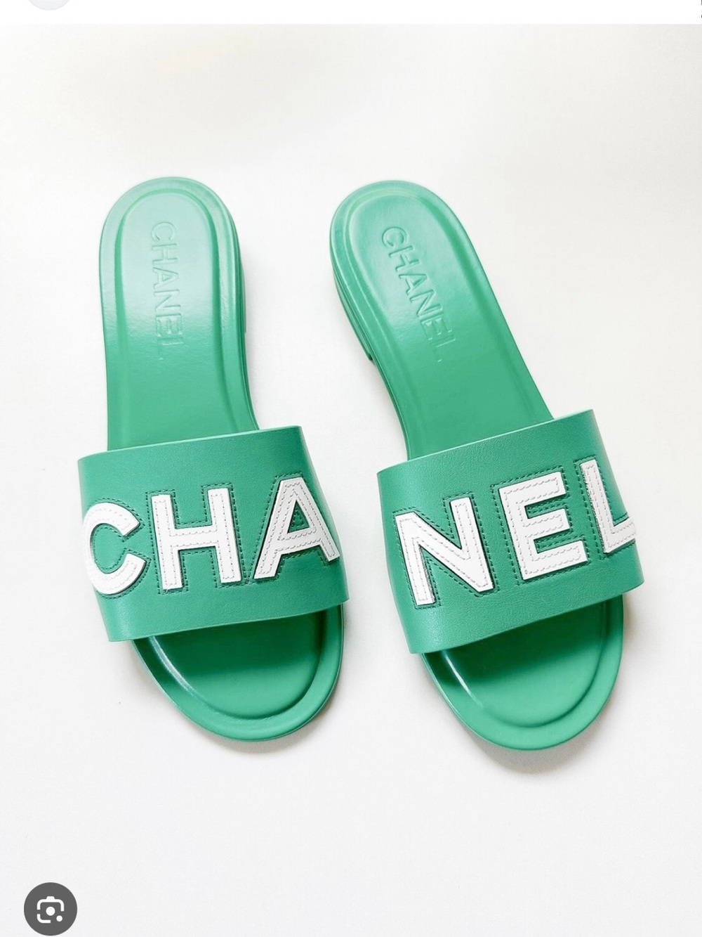 CHANEL Green Slide Sandals with White Logo Panel